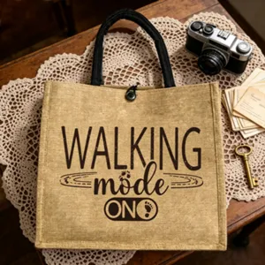 Retro Jute-Tragetasche mit stilvollem Print, geräumiges Design für Einkauf und Pendeln.