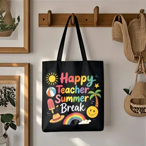 Schwarze Canvas-Tragetasche Detail mit bunter Happy Teacher Summer Break Druckgrafik.