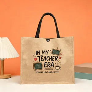 Vintage teacher themed burlap tote bag, durable linen shopping handbag for daily use and gifts.