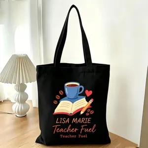 Personalisierte Lehrerin Stofftasche mit Kaffeebuch Motiv, schwarze Canvas Schultertasche.