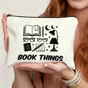 Minimalist black and white line art canvas zipper pouch featuring book things print.