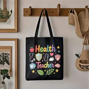 Schwarze Canvas-Tragetasche, bunter Health Teacher Druck, große Umhängetasche Alltag