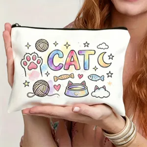 Leinwand Kosmetiktasche mit Aquarell Katzenmotiv Druck für den Alltag und Reisen.