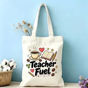 Sac cabas en toile avec joli imprimé dessin animé café livre prof, sac bandoulière coton éco.