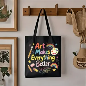 Schwarze Stofftasche mit buntem Kunstdruck und Slogan, geräumig für den täglichen Gebrauch.