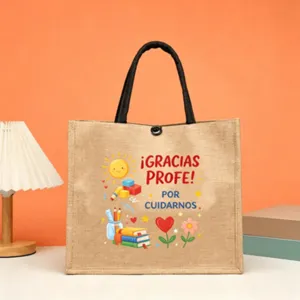 Spanish teacher jute tote bag large capacity linen handbag with colorful cartoon print daily use