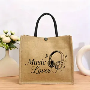 Jute Tragetasche Vintage mit schwarzen Griffen und Musikliebhaber Kopfhoerer Print Design.