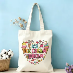 Joli sac cabas en toile avec impression crème glacée, sac porté épaule esthétique et décontracté.