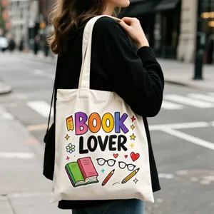 Canvas Tragetasche mit Buchliebhaber Druck, detailansicht des Schultertaschen Designs.