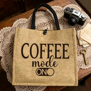 Vintage Jute Tragetasche mit Kaffeemotiv, groessere Kapazitaet Freizeit Einkaufstasche.