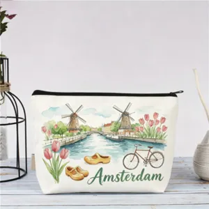 Stoff Kosmetiktasche mit Amsterdam Vintage Reisedesign Aquarell Illustration, Make-up Etui.