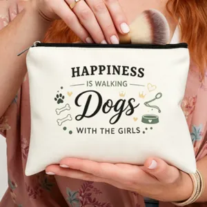 Bolsa de maquillaje de lona con estampado de texto de perro, estuche cosmético con cremallera.