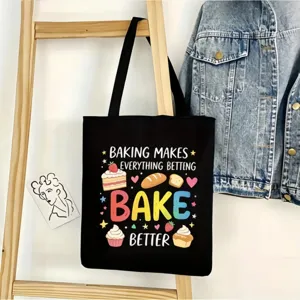 Bolsa de lona negra con bonitos gráficos de dibujos animados de repostería y texto en inglés.