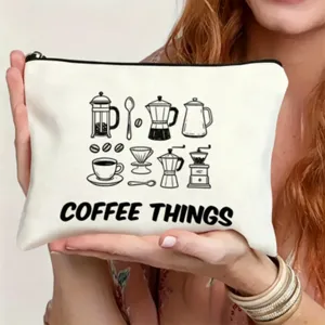 Canvas zipper pouch featuring cute coffee line art and text design for daily storage needs.