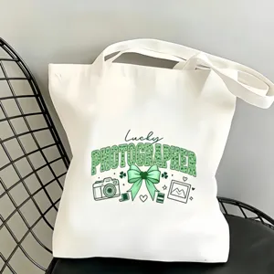 Sac cabas en toile imprimé léopard nœud vert, sac décontracté thème photographie.