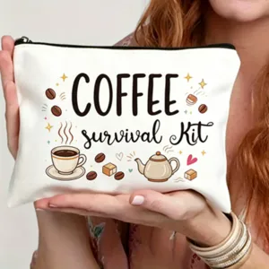 Weißer Leinen-Reißverschlussetui mit Kaffee-Motiv, ideal als Kosmetiktasche nutzbar.