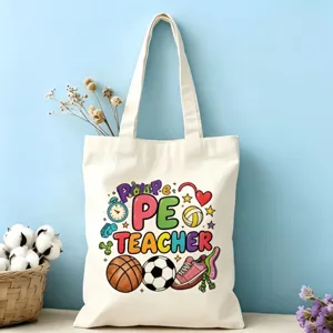 Sac cabas en toile avec lettres PE colorées impression cartoon, sac fourre-tout en coton résistant.