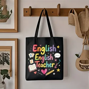Schwarze Segeltuchtasche mit buntem Englischlehrer Text und niedlichen Schulbedarf-Grafiken.
