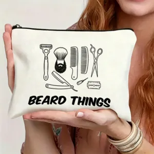 Close-up view of the minimalist canvas storage bag featuring barber shop line art illustration.