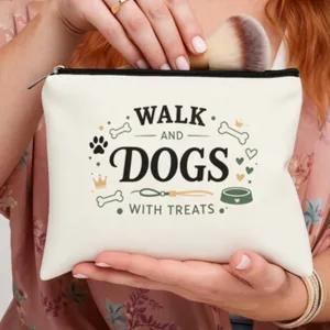 Bolsa de maquillaje de lona con estampado de perros, estuche con cremallera para uso diario.
