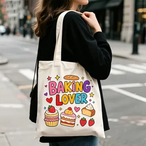 Detailansicht einer cremeweißen Canvas-Tragetasche mit süßem Back-Liebhaber-Cartoon-Print und Trägern.
