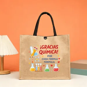 Chemistry teacher appreciation jute tote bag with cute science print, large capacity handbag.