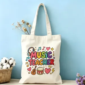Vue détaillée du sac cabas en toile avec impression colorée de professeur de musique et notes.