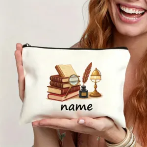 Personalisierte Leinwand Federmäppchen mit Vintage Bücher Illustration Schultasche