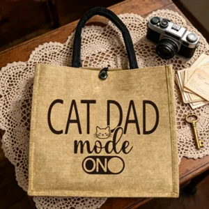 Vintage Jute Tragetasche mit Katzen-Dad Motiv, große Kapazität Freizeit Handtasche für Alltag.