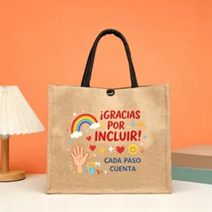 Detailed view of the Spanish education printed jute tote bag with colorful cartoon illustrations.