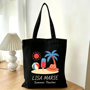 Schwarze Canvas Tragetasche mit süßem Sommer Strand Design und personalisiertem Text.