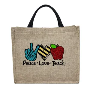 Bolso tote de yute vintage con estampado de profesor, asas duraderas para compras y uso diario.
