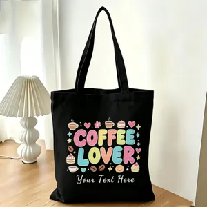 Borsa tote in tela nera con simpatica stampa cartoon da amante del caffe e ampio spazio capiente.