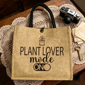 Vintage Jute Tragetasche mit Pflanzen Motiv, grosse Kapazitaet Laessige Leinen Handtasche Pendeln.