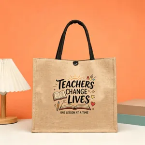 Large capacity jute tote bag with teacher theme print, perfect gift for teachers and daily use.