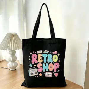 Borsa tote in tela nera con stampa retro, borsa a spalla casual di grande capacità per uso quotidiano.