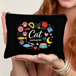 Χαριτωμένη μαύρη καμβά τσάντα μακιγιάζ και κασετίνα με αστείο σχέδιο γάτας για φοιτητές.