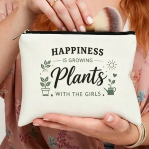 Bolso cosmético de lona con estampado de plantas verdes, práctica bolsa de maquillaje.