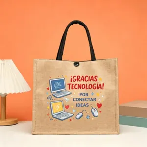 Jute tote bag with colorful tech print, large capacity casual handbag for everyday use.