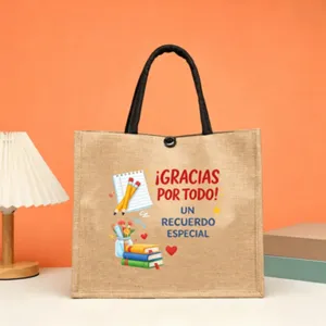 Jute tote bag with Spanish education print, large capacity casual handbag for daily use and shopping.