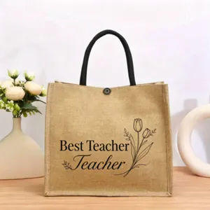 Detailansicht einer Jute-Tragetasche mit Lehrer-Text und Tulpen-Druck, grosse Kapazitaet.