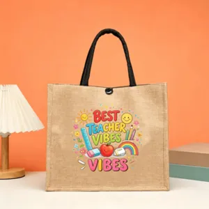 Jute tote bag for teacher appreciation gift, vintage burlap handbag with cute school print.