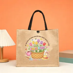 Burlap jute tote bag with garden theme and floral print, perfect teacher gift and daily handbag.