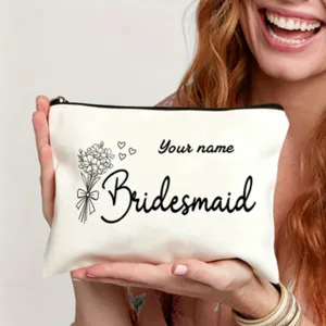 Minimalist White Canvas Cosmetic Bag Printed Bride Line Art Illustration Zipper Organizer Bridesmaid Keepsake Gift Pouch