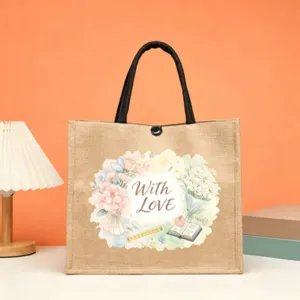 Vintage jute tote bag with watercolor floral design and teacher appreciation gift style.