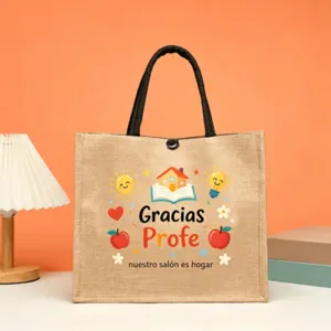 Jute-Tragetasche mit Lehrermotiv-Druck, langlebige Leinenhandtasche für den täglichen Einkauf.