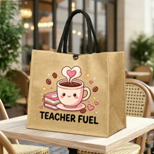 Jute-Tragetasche fur Lehrer mit einem sussem Kaffeetasse-Motiv und robusten Griffen.