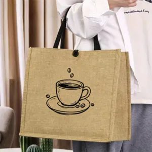 Vintage jute tote bag with coffee cup print, casual rustic linen handbag for daily use.