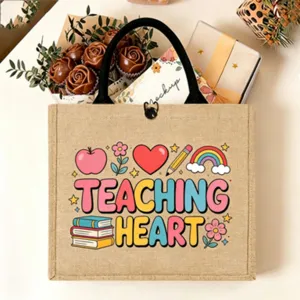 Teacher appreciation burlap tote bag retro hessian handbag for thank you gift and daily use.