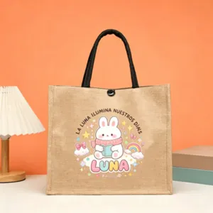 Jute Tote Bag Cute Bunny Print Casual Handbag Teacher Gift Large Capacity Shopping Bag